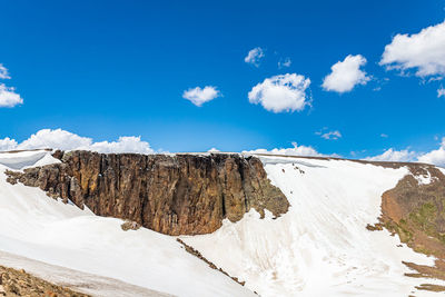 Panoramic view of snowcapped landscape against blue sky