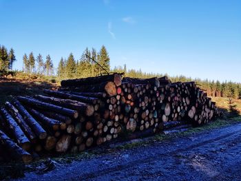 Stack of logs on field against clear blue sky