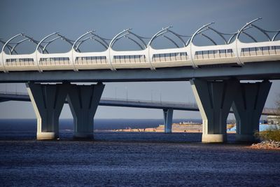 Bridge over river against sky in city