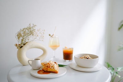 High angle view of breakfast served on table