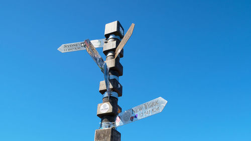 Low angle view of road sign against clear sky