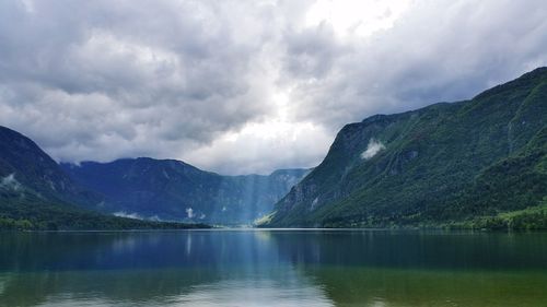 Scenic view of lake and mountains against sky