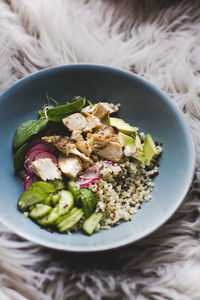 High angle view of salad in bowl on table