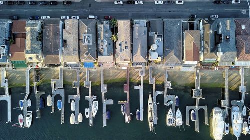 Aerial view of boats moored at sea