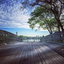 Surface level of footbridge against calm lake