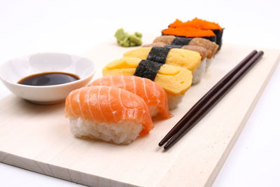 Close-up of sushi served in plate