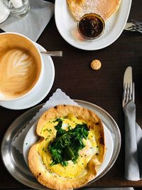 High angle view of breakfast served on table