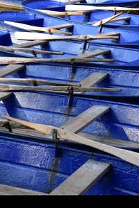 High angle view of boats moored