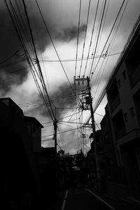 Electricity pylon against cloudy sky