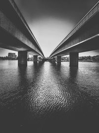 Bridge over river against sky in city