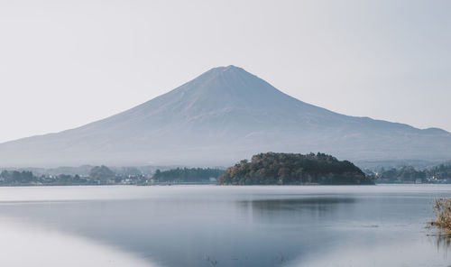 Scenic view of lake and snowcapped mountains against clear sky