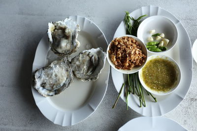 High angle view of food served on table