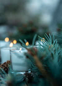 Five white votive candles with pine cone decorations and green pine branches