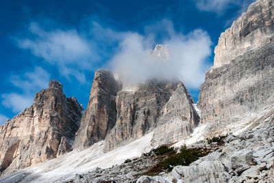 Low angle view of rock formations against sky