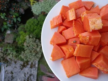 High angle view of chopped fruits in bowl