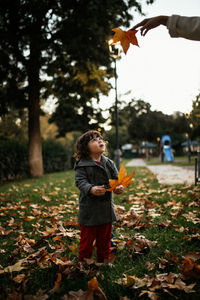 Child playing with autumn leaves