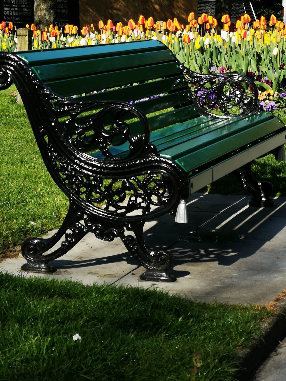 EMPTY PARK BENCH IN GARDEN