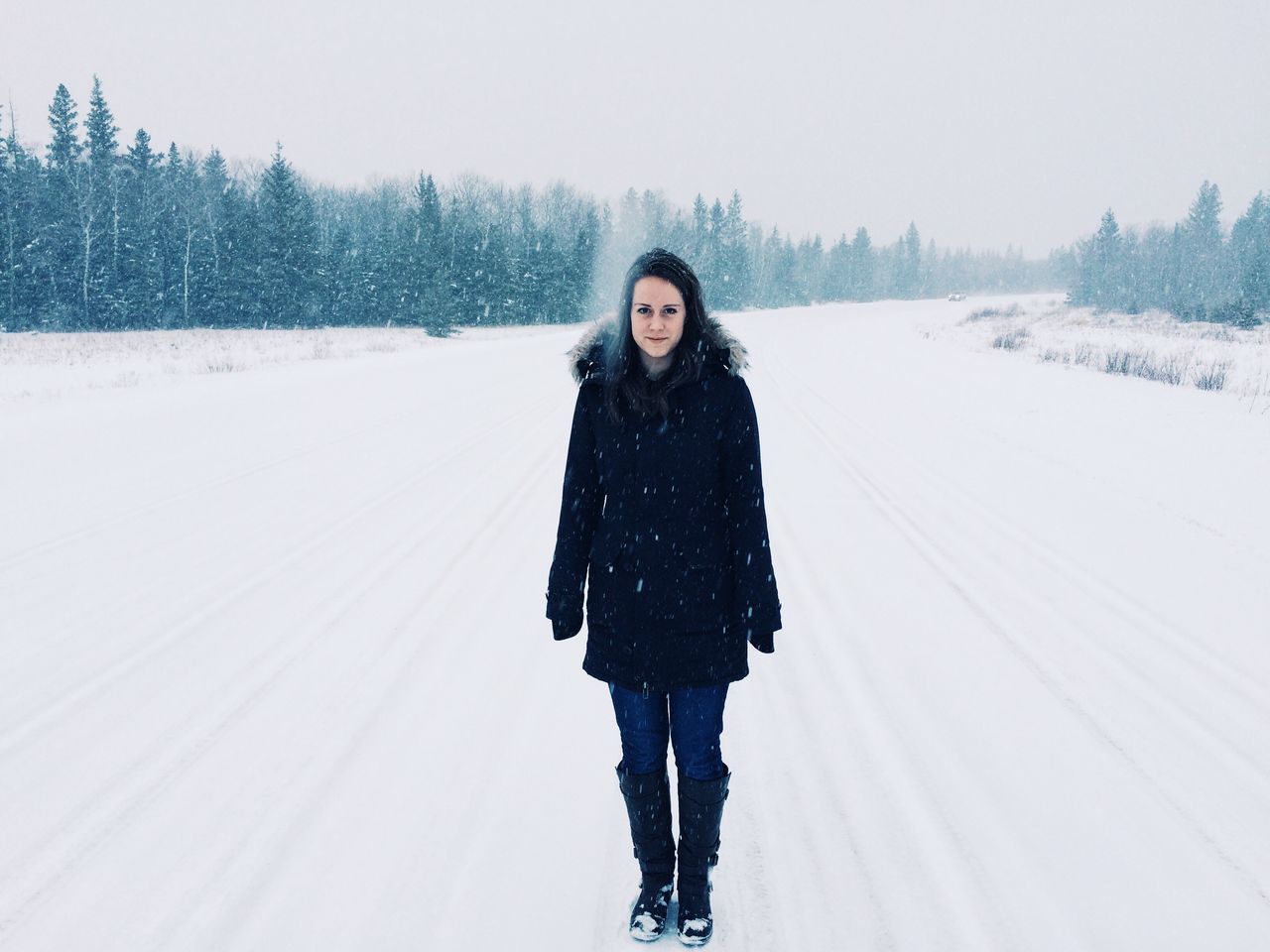 snow, winter, cold temperature, season, weather, warm clothing, lifestyles, covering, leisure activity, white color, front view, looking at camera, standing, portrait, full length, frozen, person, covered