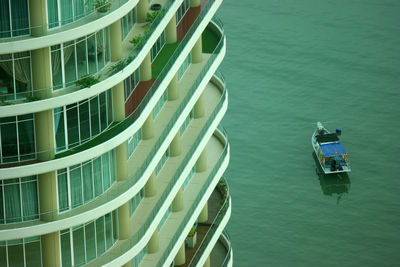 High angle view of ship moored on sea