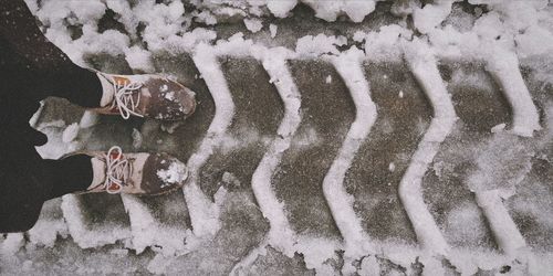 High angle view of snow covered field