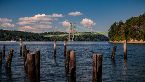 Wooden posts in sea against sky