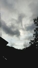 Low angle view of silhouette trees and building against sky