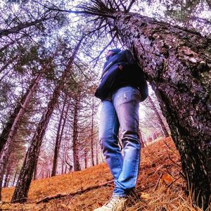 Low angle view of man standing by tree in forest