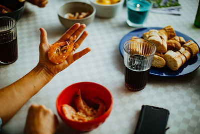 High angle view of shrimp on a hand