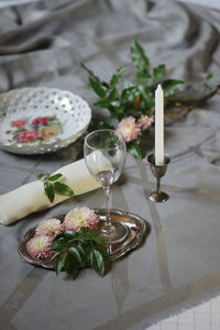 High angle view of wine glasses on table