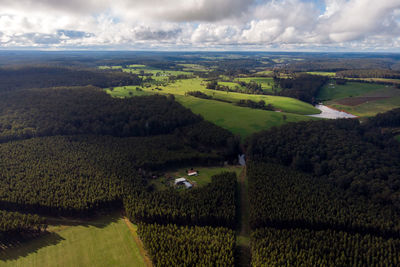Scenic view of farms against sky