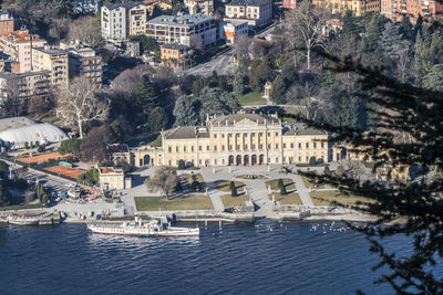 High angle view of townscape and trees in city