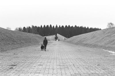 Rear view of man walking on snowy field against clear sky