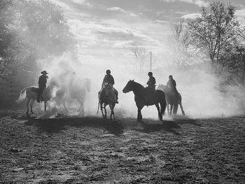 Group of people riding horse on field