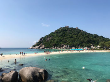 Scenic view of sea against clear blue sky