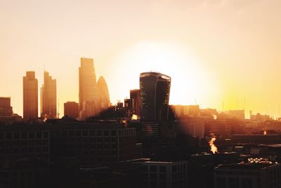 City skyline at sunset