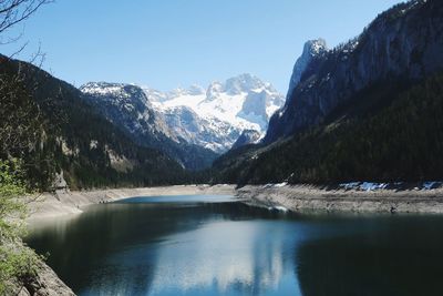 Scenic view of lake by snowcapped mountains against sky