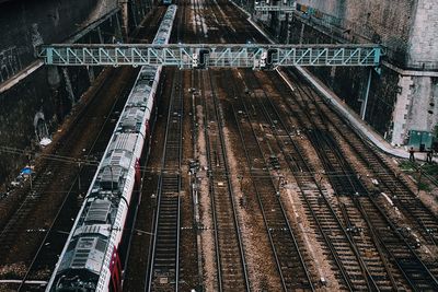 High angle view of railroad tracks in city
