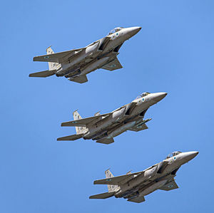 3 f-15s eagle flying over the dado beach in haifa for the independence day the 75th of israel.