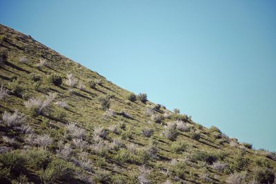 Low angle view of mountain against clear blue sky