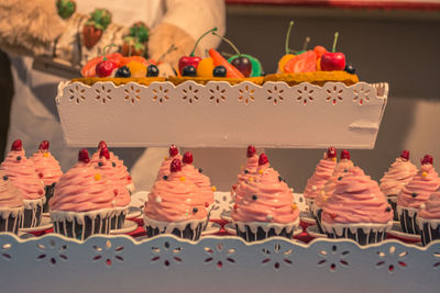 Close-up of fake cupcakes on table