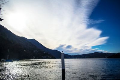 Scenic view of lake against cloudy sky