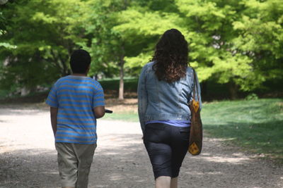 Rear view of siblings walking on footpath at park