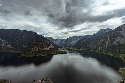 Scenic view of lake by mountains against sky