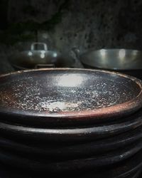 High angle view of meat in container at home