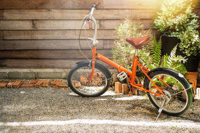 Bicycle parked by plants in city