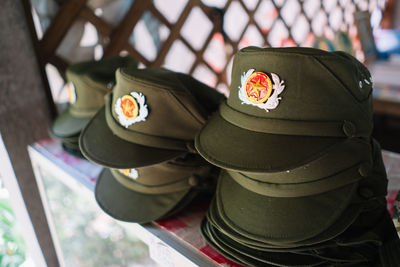 Close-up of hat on display