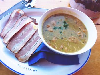 Close-up of soup in bowl on table