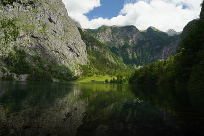 Scenic view of lake by mountains against sky