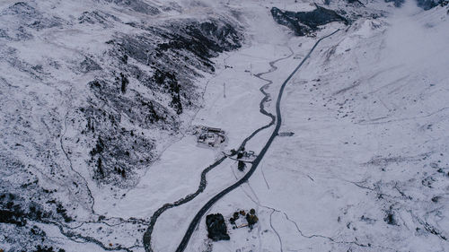 High angle view of snow covered field