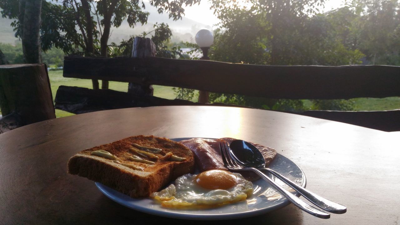 CLOSE-UP OF BREAKFAST SERVED ON TABLE IN RESTAURANT